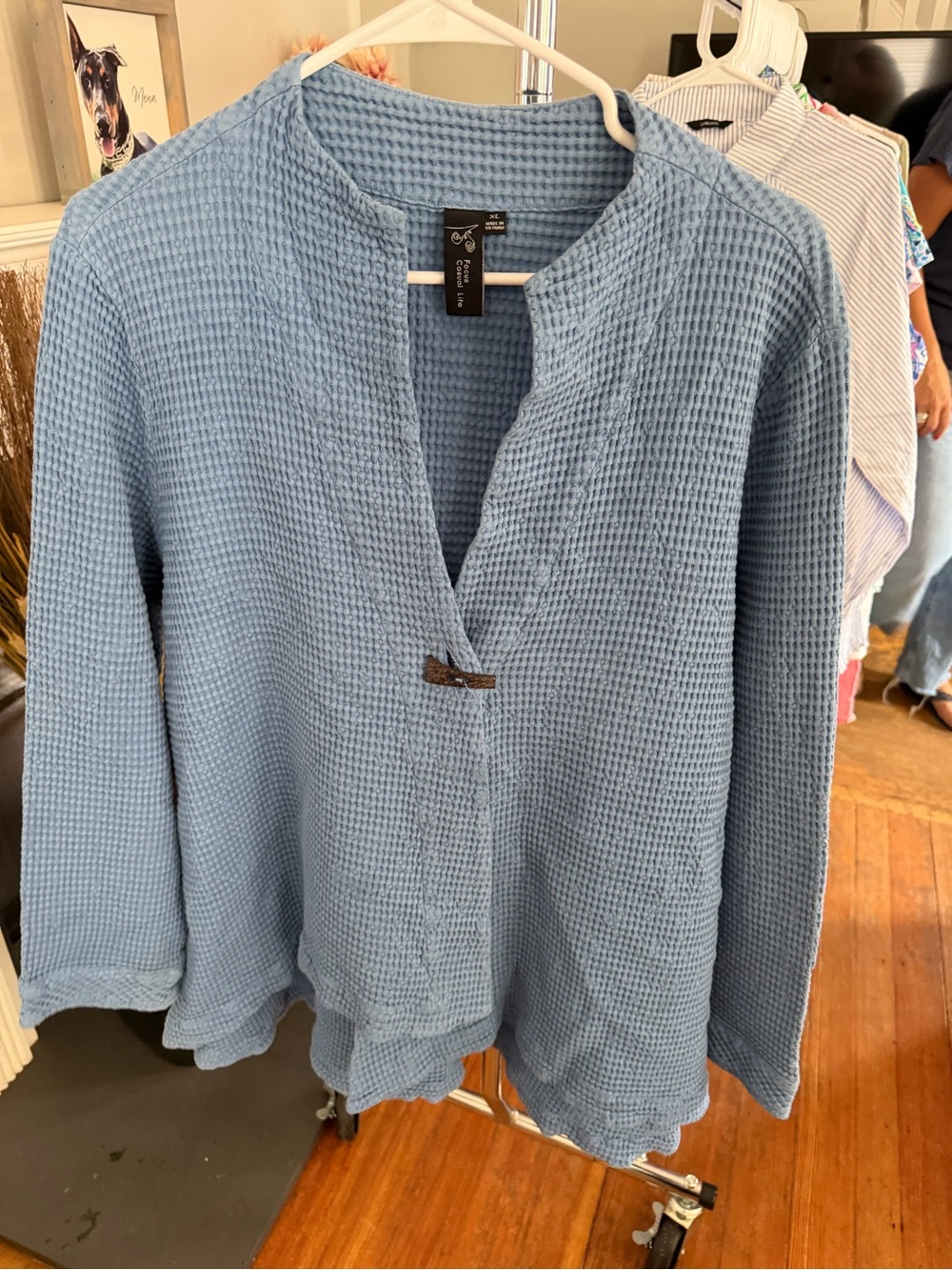Waffle Knit Open Front Blazer in Light Blue - Casual Layering